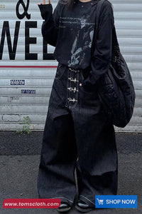 Loose Hip Hop Style Wide Leg Black Jeans Pants