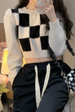 Long Sleeve Chess Plaid Pattern Cropped Sweater