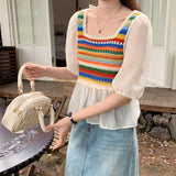 Half Sleeve Square Neck Rainbow Striped Crochet Shirt
