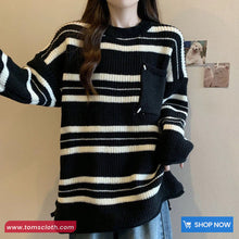 Loose Pocket Striped Knitted Retro Sweater