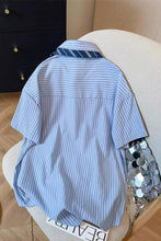 Loose Retro Blue Striped Blouse With Tie