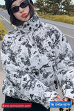 Loose Stand Collar Ink Painting Printed Parkas Coat Jacket