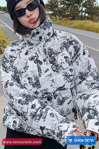 Loose Stand Collar Ink Painting Printed Parkas Coat Jacket