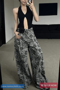 High Waist Roses Full Pattern Denim Pants