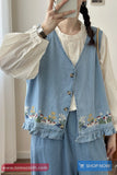 Sleeveless Garden Embroidered Denim Vest Sweater