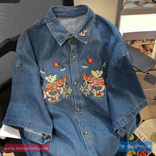 Casual Cute Bear Embroidered Loose Denim Blouse Shirt