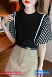 Short Sleeve Striped Contrast Color O-Neck Shirts