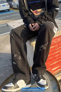 Cross Embroidered Hip Hop Jeans Pants