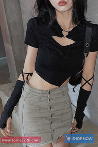 Short Sleeve Love Pin Hollow Out Cropped Shirt