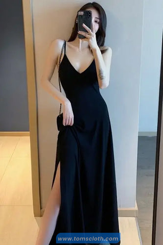 Sexy V-Neck Backless Retro Long Black Dress