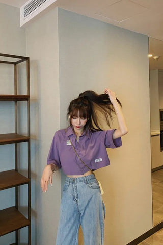Vintage Turn Down Collar Purple Cropped Shirt