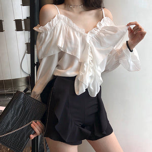 Flare Sleeve Sexy Off Shoulder Ruffles Blouse Shirt