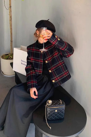 Long Sleeve Vintage Elegant Plaid Blazer Jacket