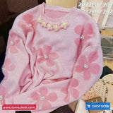 Long Sleeve Beading Flower Daisy O-Neck Sweater