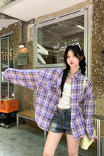 Long Sleeve Retro Purple Colors Plaid Blouse Shirt