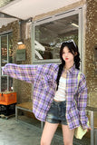 Long Sleeve Retro Purple Colors Plaid Blouse Shirt