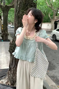 Puff Sleeve Sweet Ruffles Cropped Shirts