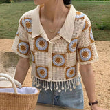 Short Sleeve Turn Down Collar Flower Pattern Crochet Shirt