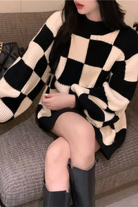 Loose Knitted Checkered Plaid Sweater