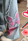 High Waist Retro Pink Blended Butterfly Jeans Pants