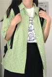 Short Sleeve Green Plaid Colors Blouse Shirt