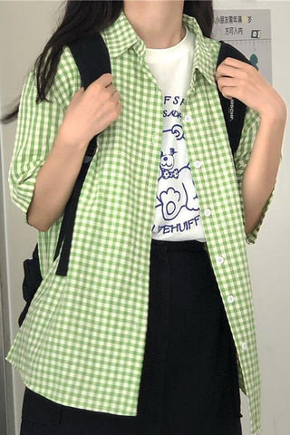 Short Sleeve Green Plaid Colors Blouse Shirt