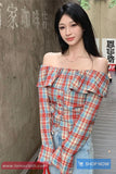 Long Sleeve Ruffles Off Shoulder Plaid Blouse Shirt
