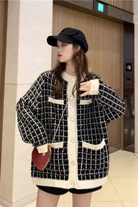 Long Sleeve Retro Plaid Knitted Cardigan Sweater