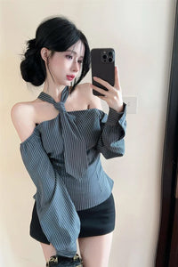 Long Sleeve Sexy Halter Off Shoulder Striped Blouse Shirts