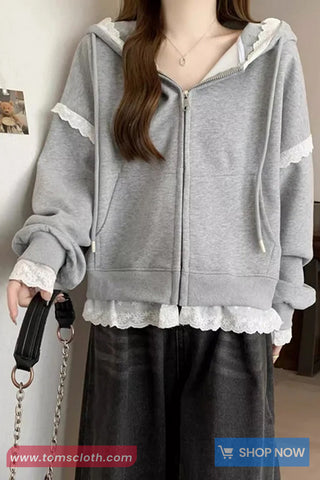 Vintage Loose Lace Patchwork Hooded Sweatshirt