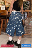 Loose Full Stars Pattern Knee Length Blue Jeans Pants