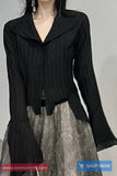 Long Sleeve Lapel Collar Retro Blouse Black Shirt
