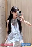 Sleeveless Blue Plaid Stand Collar Shirt