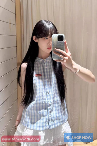 Sleeveless Blue Plaid Stand Collar Shirt