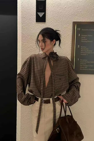Long Sleeve Hollow Out Lace Up Plaid Blouse Shirt
