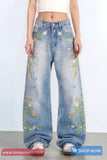 Retro Flowers Embroidered Women Jeans Pants