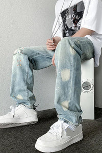 Splashed Ink Ripped Long Jeans Pants