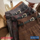 High Waist Retro Belted Plaid Pleated Mini Skirts