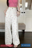 High Waist Flowers Pattern White Jeans Pants