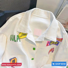 Long Sleeve Retro Graffiti Pattern White Denim Jacket