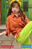 Loose Short Sleeve Orange Plaid Summer Blouse Shirt