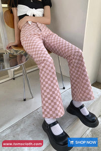 Casual Pink Checkered Slim Flare Long Pants