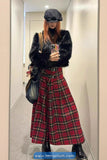 High Waist Mid Length A-Line Red Plaid Skirts