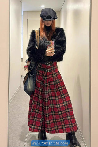 High Waist Mid Length A-Line Red Plaid Skirts