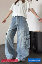 High Waist Retro Loose Cargo Pockets Jeans Pants