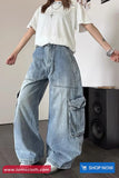 High Waist Retro Loose Cargo Pockets Jeans Pants