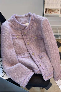 Long Sleeve Purple Cropped Elegant Tweed Jacket