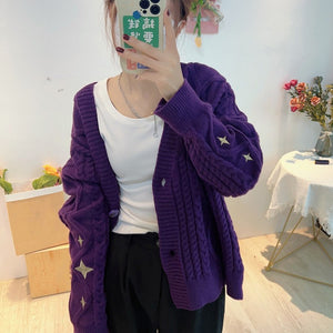 Stars Embroidered Retro Knitted Purple Sweater