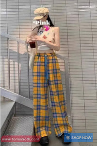 Retro Casual Yellow Plaid Long Pants