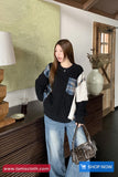 Long Sleeve Plaid Patchwork Knitted Black Sweater